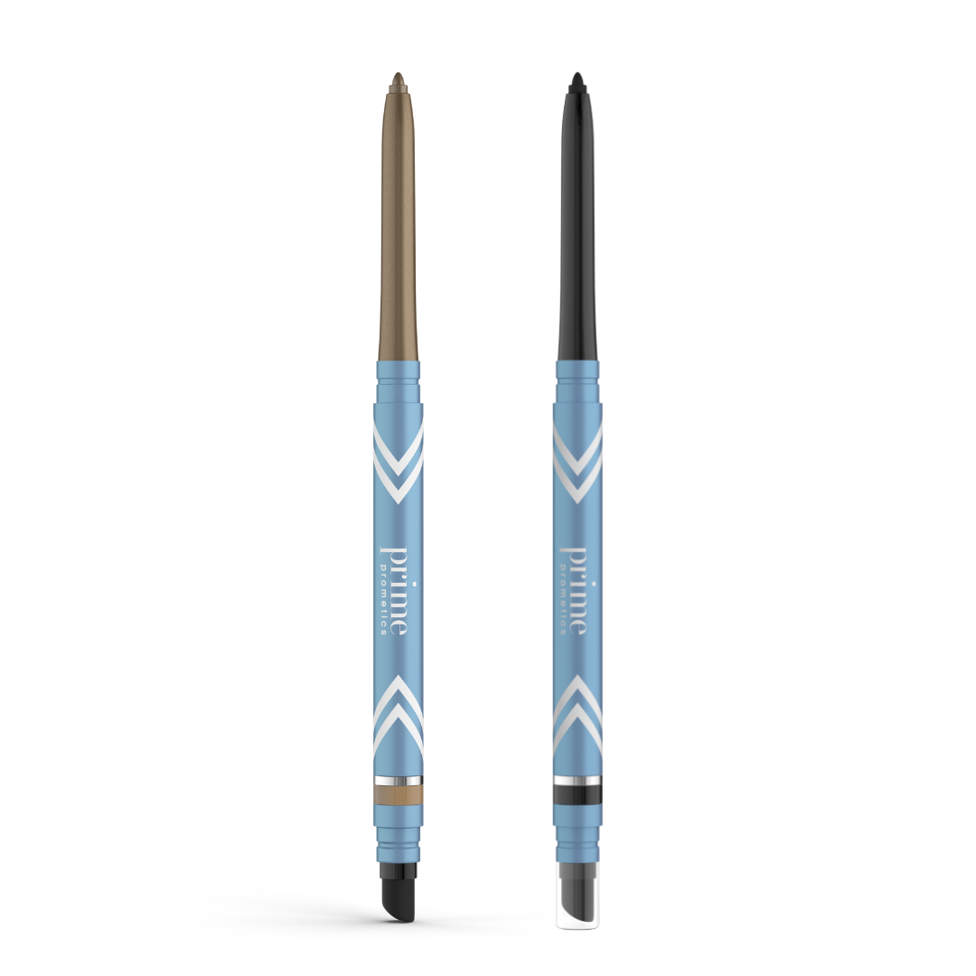 Two PrimePrometics™ PrimeEyes Glide Eyeliners with blue chevron casings stand upright—one brown-tipped, one black-tipped—ideal for mature eyelids and featuring smudger brushes at the base.