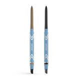 Two PrimePrometics™ PrimeEyes Glide Eyeliners with blue chevron casings stand upright—one brown-tipped, one black-tipped—ideal for mature eyelids and featuring smudger brushes at the base.