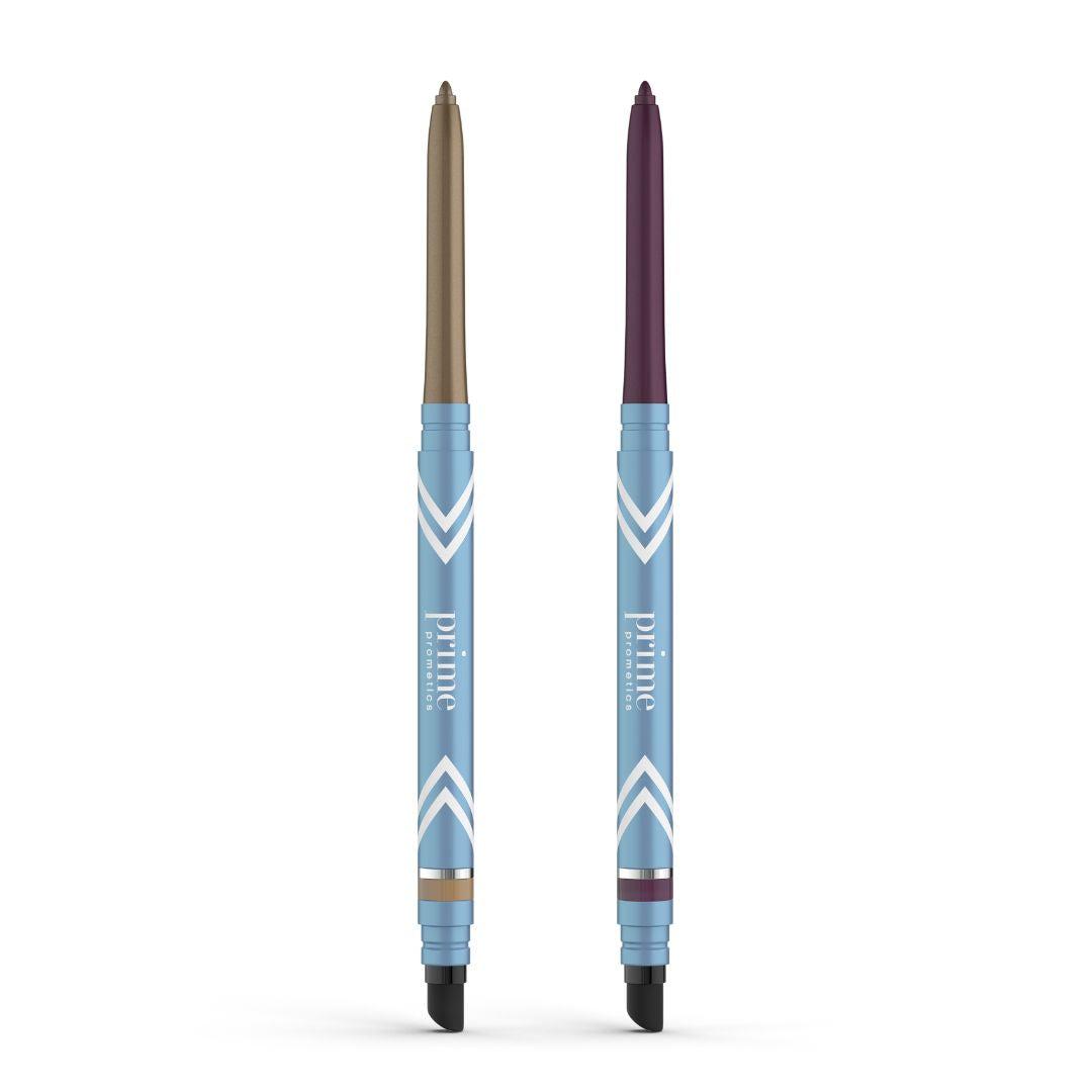 The 2pcs PrimeEyes Glide Eyeliner by PrimePrometics™ includes blue and white striped barrels with gold and dark plum tips, water-resistant formula for mature skin, smudgers on one end, and "prime" labeling.