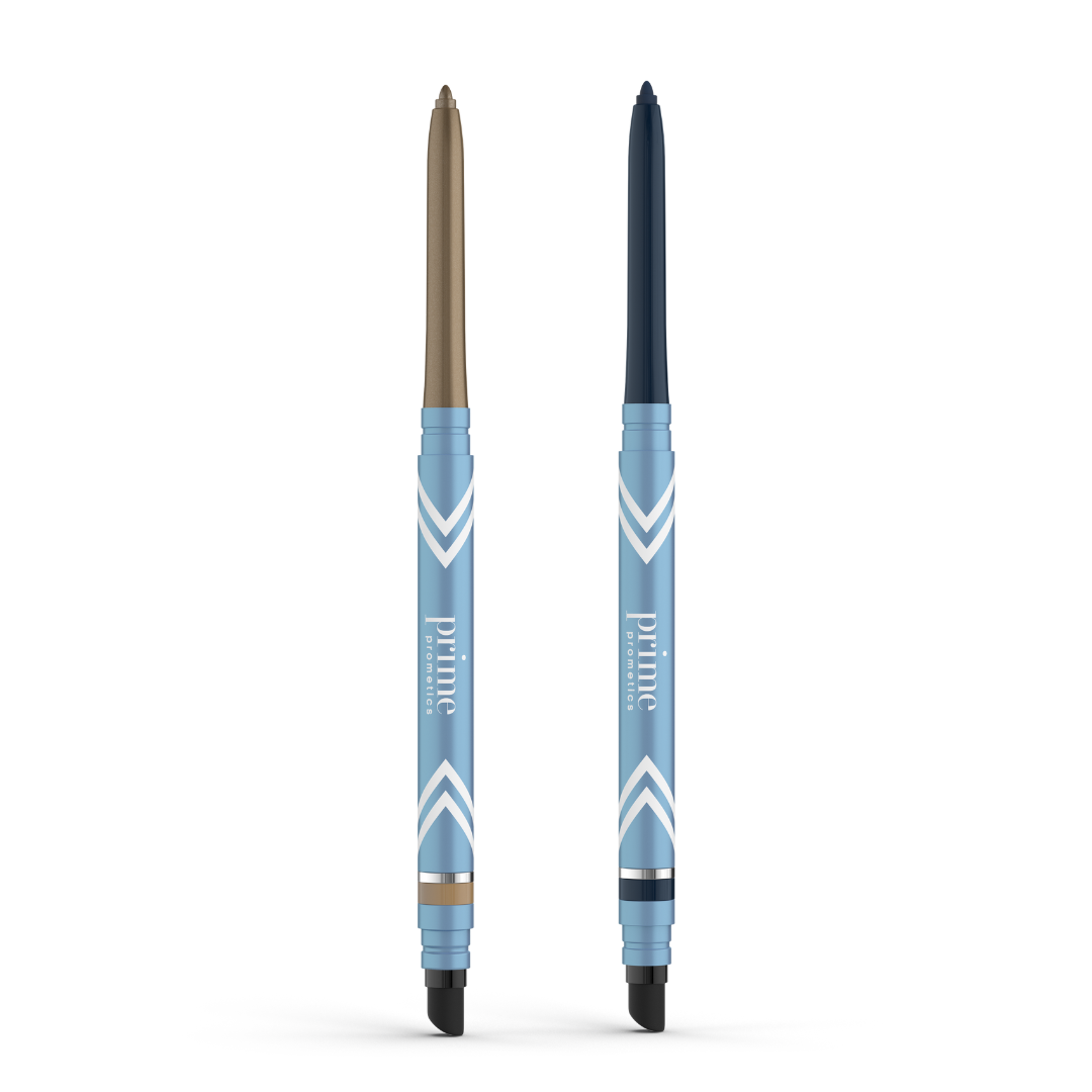 The 2pcs PrimeEyes Glide Eyeliner from PrimePrometics™ features blue twist-up pencils with eraser smudgers, in brown and dark blue. Water-resistant, they're perfect for pro-age beauty and ideal for mature eyelids.