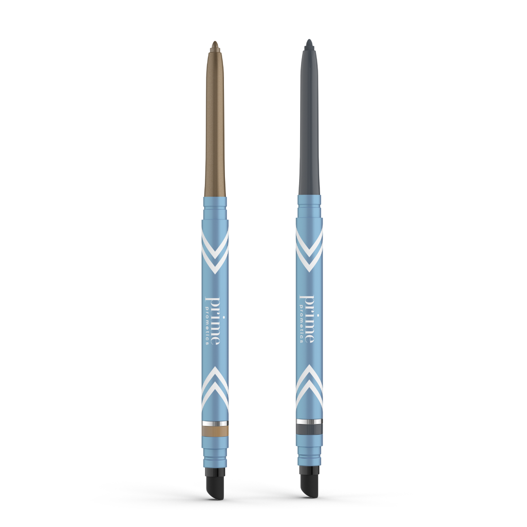 Two PrimePrometics™ PrimeEyes Glide Eyeliners stand upright—one blue with a brown tip, one blue with a black tip. Both feature white chevrons and bottom smudger ends. Water-resistant for mature eyelids. Set includes 2pcs.