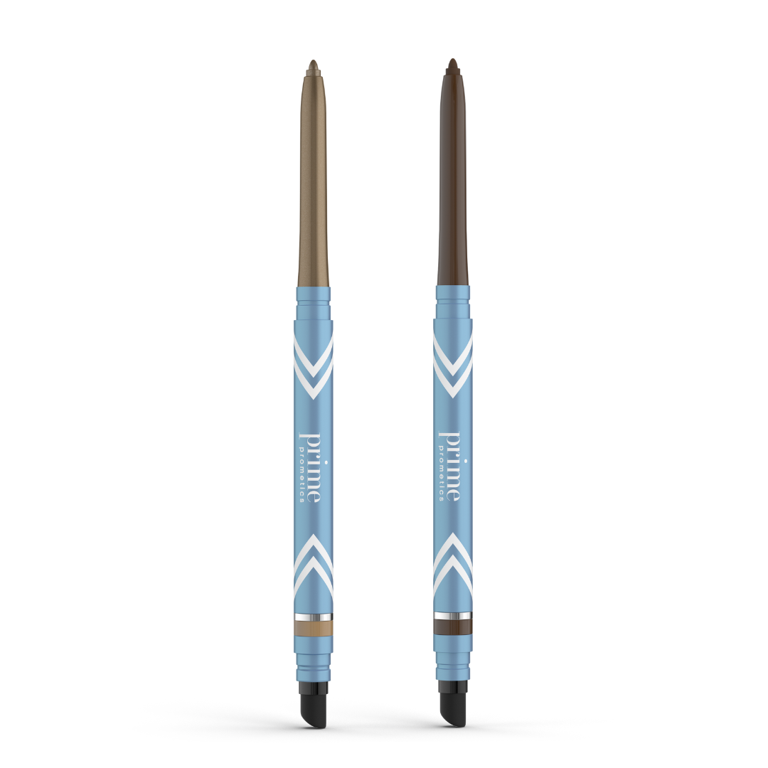 Two blue retractable PrimePrometics™ 2pcs PrimeEyes Glide Eyeliner pencils stand upright side by side. Featuring angled tips, white chevron designs, blending tips, and water-resistant taupe and dark brown shades for mature eyelids.