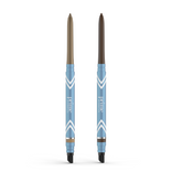 Two blue retractable PrimePrometics™ 2pcs PrimeEyes Glide Eyeliner pencils stand upright side by side. Featuring angled tips, white chevron designs, blending tips, and water-resistant taupe and dark brown shades for mature eyelids.