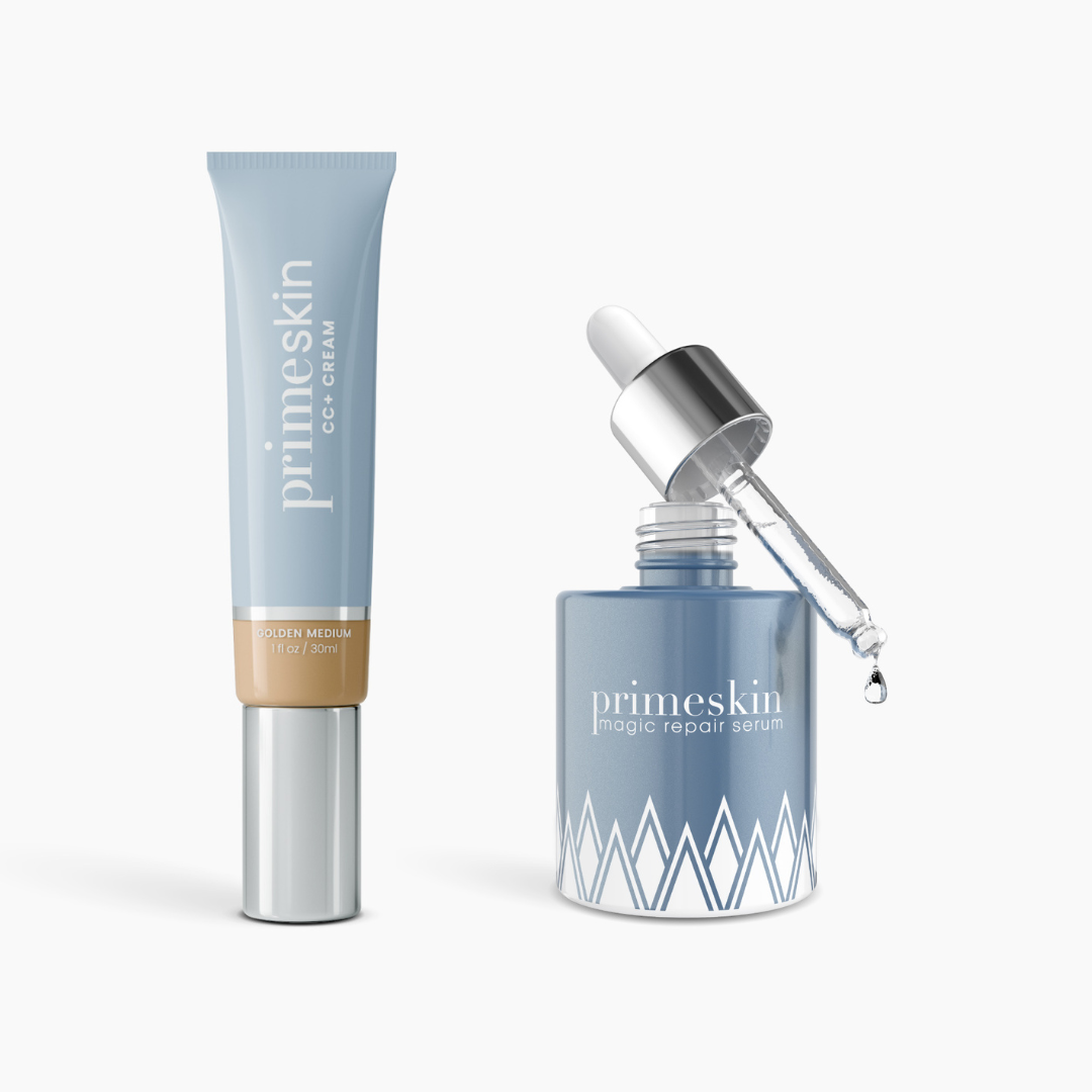 The PrimePrometics™ Prep & Prime Bundle features a blue tube of CC+ Cream and a blue dropper bottle of Magic Repair Serum, the latter shown dispensing a perfect drop.
