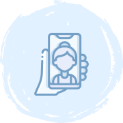 Line drawing of a hand holding a smartphone displaying a generic female avatar with hair in a bun, set against a light blue circular background.