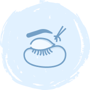Simple blue line drawing of an eye with long eyelashes, an eyebrow above, and tweezers applying or removing an eyelash, set against a light blue circular background.