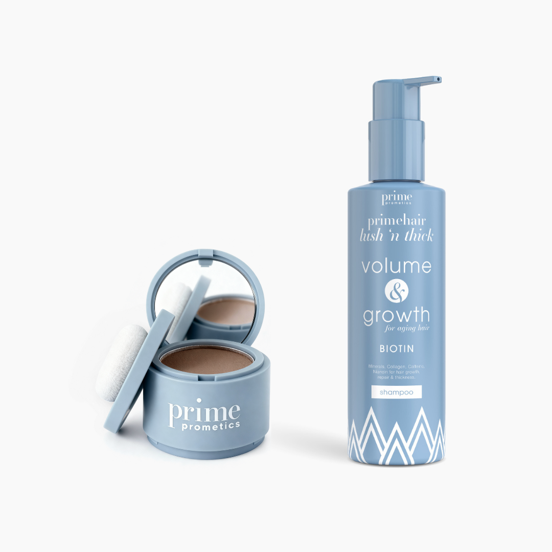 The Flawless Hair Set by PrimePrometics™ features two blue cosmetic products: an open compact with powder, mirror, and puff, and a pump bottle of Primehair Lush ’n Thick Volume & Growth Shampoo with biotin on a white background.