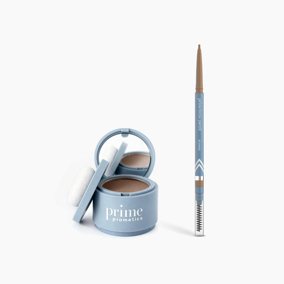 The PrimePrometics™ Instant Confidence Duo—featuring a blue compact with mirror and puff and a matching brow pencil with brush—sits on a white background, ready to deliver instant coverage.