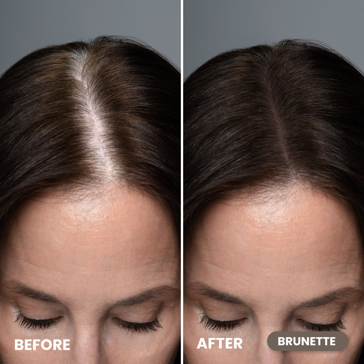 Split image showing a woman’s scalp from above: left side labeled “Before” with visible grey roots, right side labeled “After Brunette” with hair colored dark brown and grey roots covered.