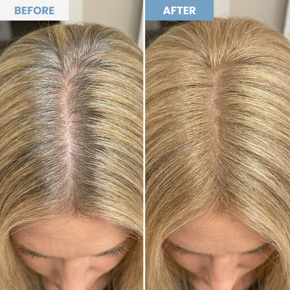 Side-by-side photos show a womans hair roots before (with visible gray hairs) and after (gray roots covered, matching the blonde hair color), highlighting a noticeable transformation.
