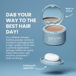 An open blue compact labeled “PrimePrometics™ Instant Confidence Duo,” featuring a built-in mirror and a puff applicator, is shown. Text describes it as a caffeine-infused hairline powder for quick, mess-free touch-ups and instant coverage.