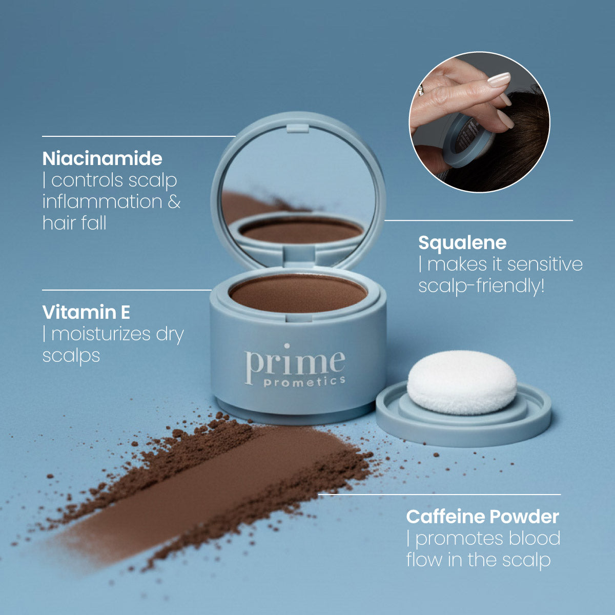 A blue container of Prime Prometics scalp powder with an applicator and brown powder spread out. Text highlights ingredients: niacinamide, squalene, vitamin E, and caffeine powder with their scalp benefits.