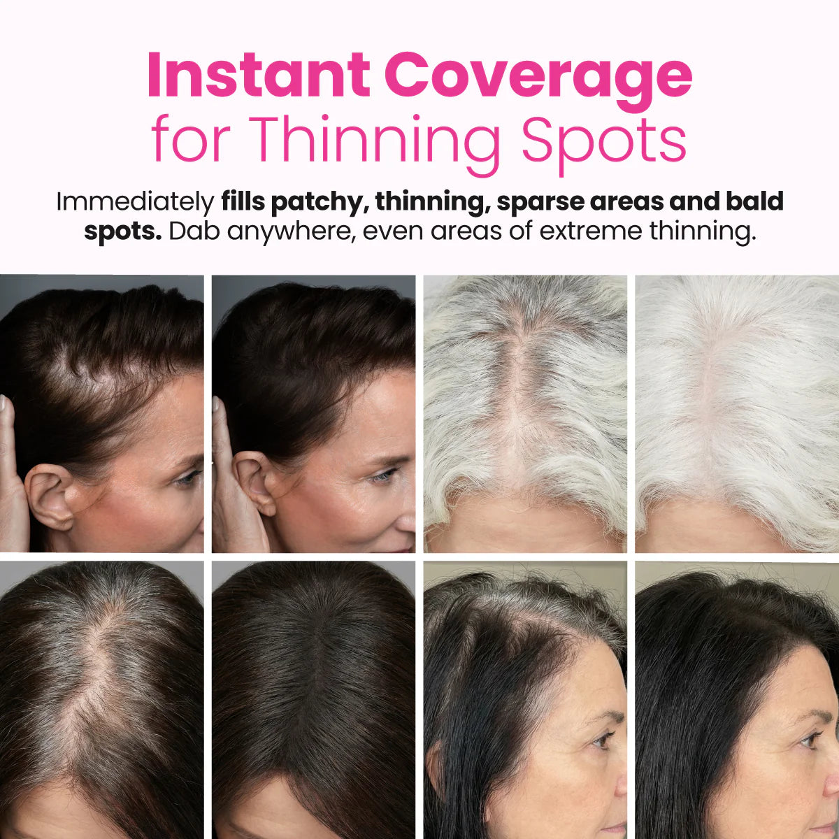 Before and after photos of women with thinning hair show improved hair coverage and fullness after using the PrimePrometics™ Instant Confidence Duo. Text highlights instant coverage for thinning or bald spots.