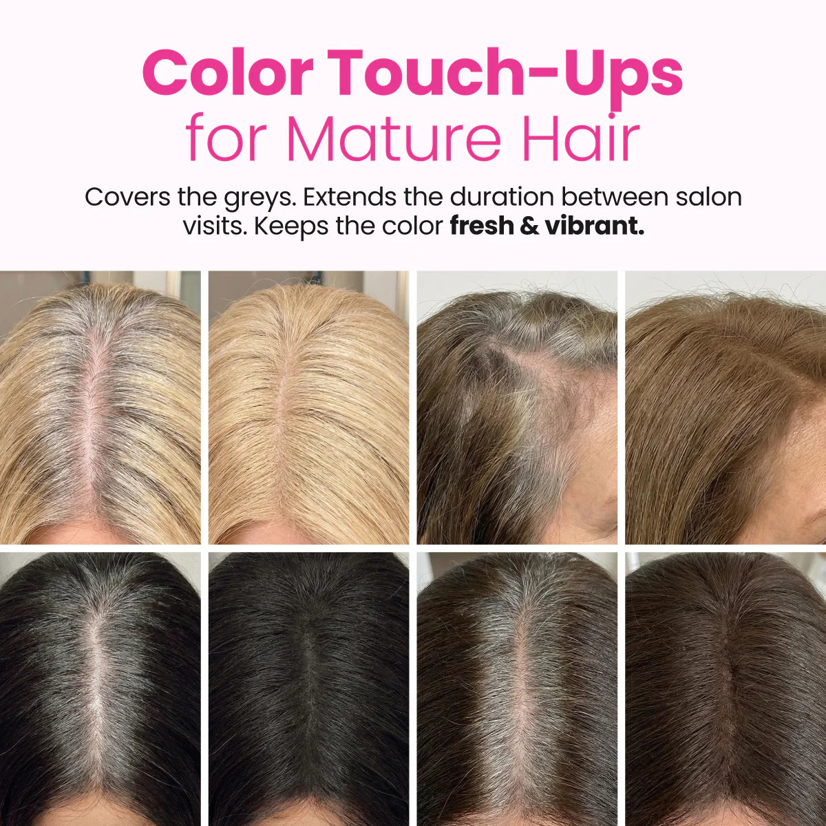 Before and after photos of women’s hair roots show complete grey coverage and fresh, vibrant color results from PrimePrometics™ Instant Confidence Duo hairline powder touch-ups for mature hair. The text highlights benefits such as instant grey coverage and extending the time between salon visits.