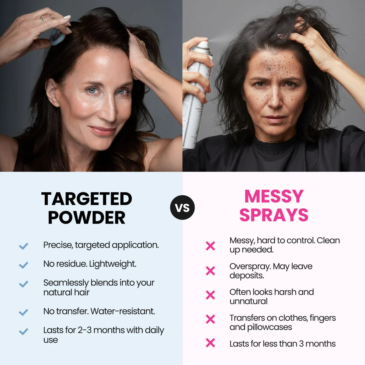 Split image: Left features a woman using PrimePrometics™ Instant Confidence Duo—applying precise hairline powder for polished, natural-looking coverage. Right shows another woman using a spray, resulting in uneven specks on her skin and hair. Text contrasts the seamless benefits of Instant Confidence Duo powder with the messy drawbacks of spray application.