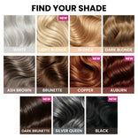 A chart titled Find Your Shade displays hair samples in shades including white, light blonde, blonde, dark blonde, ash brown, brunette, copper, auburn, dark brunette, silver, and black—making it easy to select the perfect Instant Glow-Up Duo from PrimePrometics™. Several shades feature a pink NEW label.