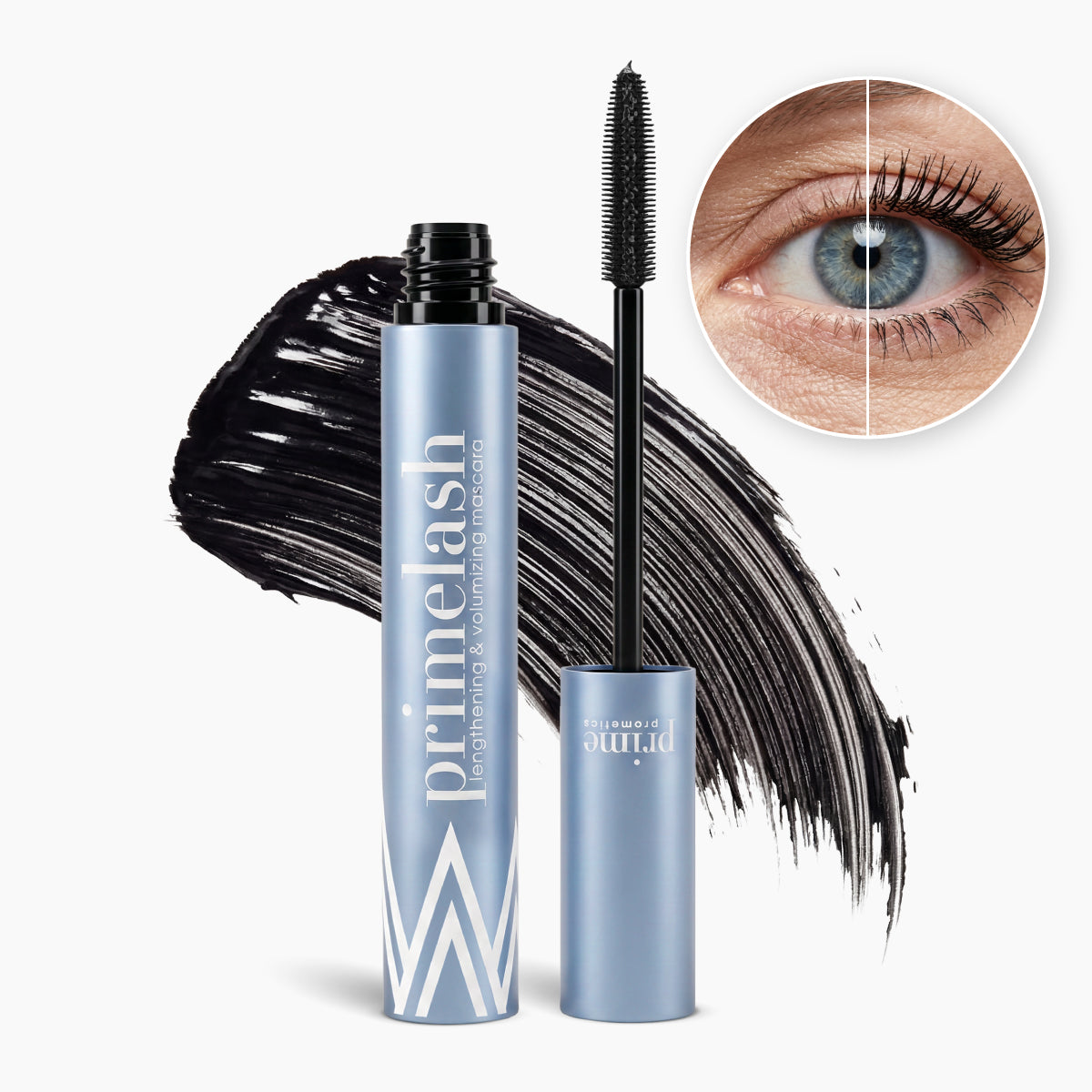 Eine Tube PrimeLash-Mascara mit herausgezogenem Bürstchen, ein schwarzer Mascara-Strich im Hintergrund und eine Nahaufnahme eines Auges, die die Wimpern vor und nach dem Auftragen der Mascara zeigt.