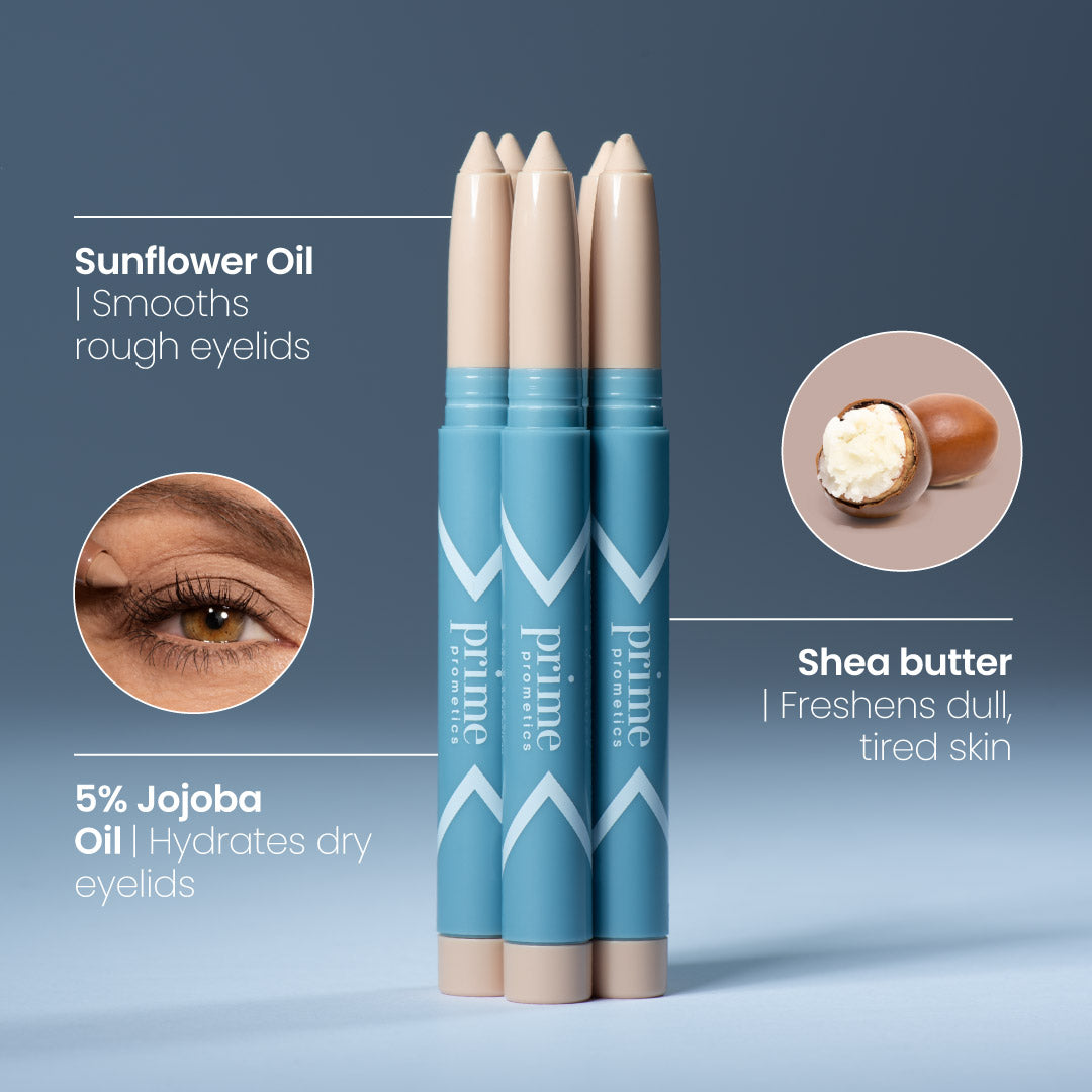 Three blue eye primer sticks are shown upright against a blue background. Beside them are close-ups of an eye and ingredients: sunflower oil, shea butter, and 5% jojoba oil with benefits listed.