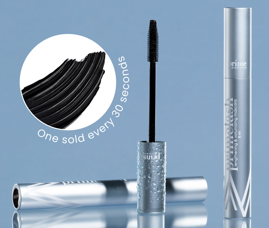 Mascara tube with branding shown upright and lying down, an open wand with bristles, and a close-up of black mascara swipe. Text reads One sold every 30 seconds. Light blue background.