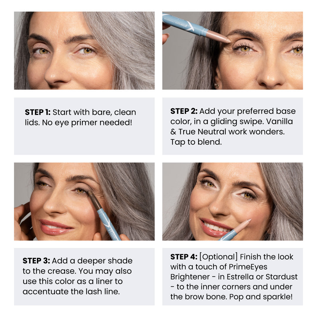 A four-step eyeshadow tutorial for mature skin, featuring a woman applying base color, blending, adding depth to the crease, and highlighting inner corners and brow bone with various eye makeup products.