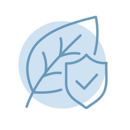 Blue line drawing of a leaf and a shield with a checkmark, set against a light blue circle on a white background, symbolizing eco-friendly protection or certified environmental safety.