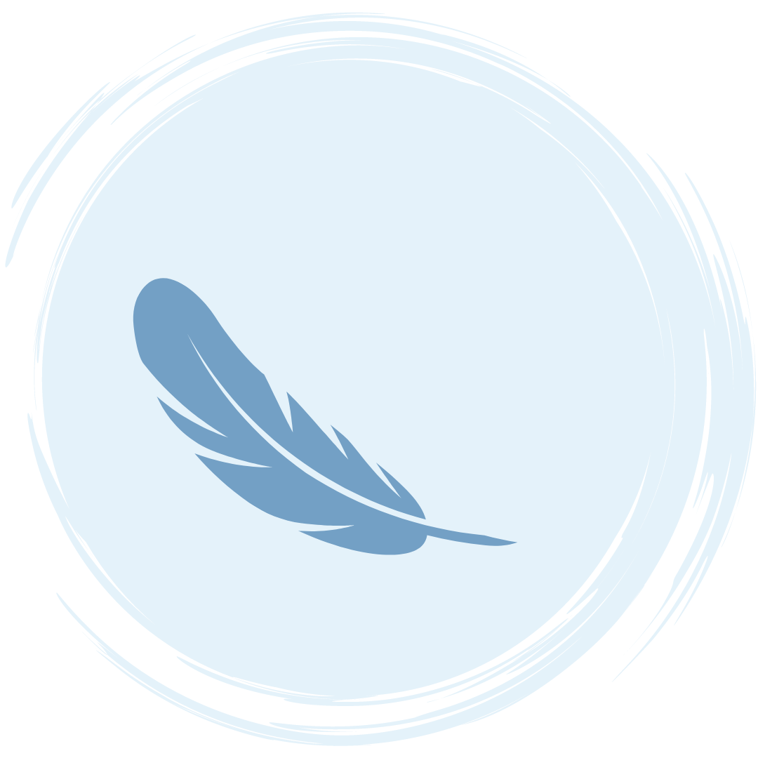 A simple blue feather illustration centered on a light blue circular background with soft, sketchy edges.