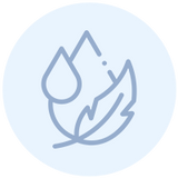 Light blue icon with a simple line drawing showing a water droplet, a flame, and a feather overlapping, set against a pale circular background.