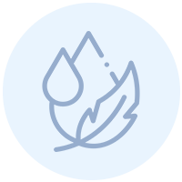 Light blue icon with a simple line drawing showing a water droplet, a flame, and a feather overlapping, set against a pale circular background.