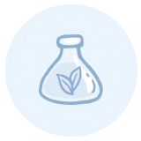 A simple line drawing of a glass flask with two leaves inside, suggesting a focus on natural or eco-friendly science. The image has a light blue circular background.