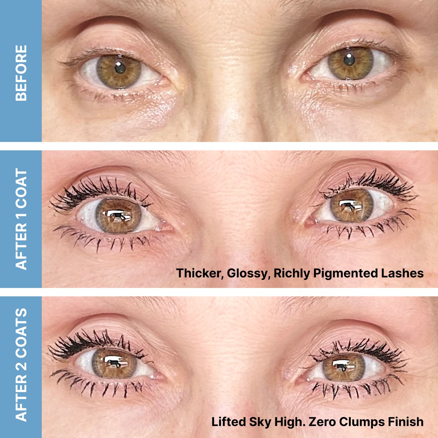 Prime Prometics PrimeLash Volumizer progression on mature eyes: bare lashes, then thicker glossy richly pigmented lashes after 1 coat, then lifted sky-high with zero clumps after 2 coats
