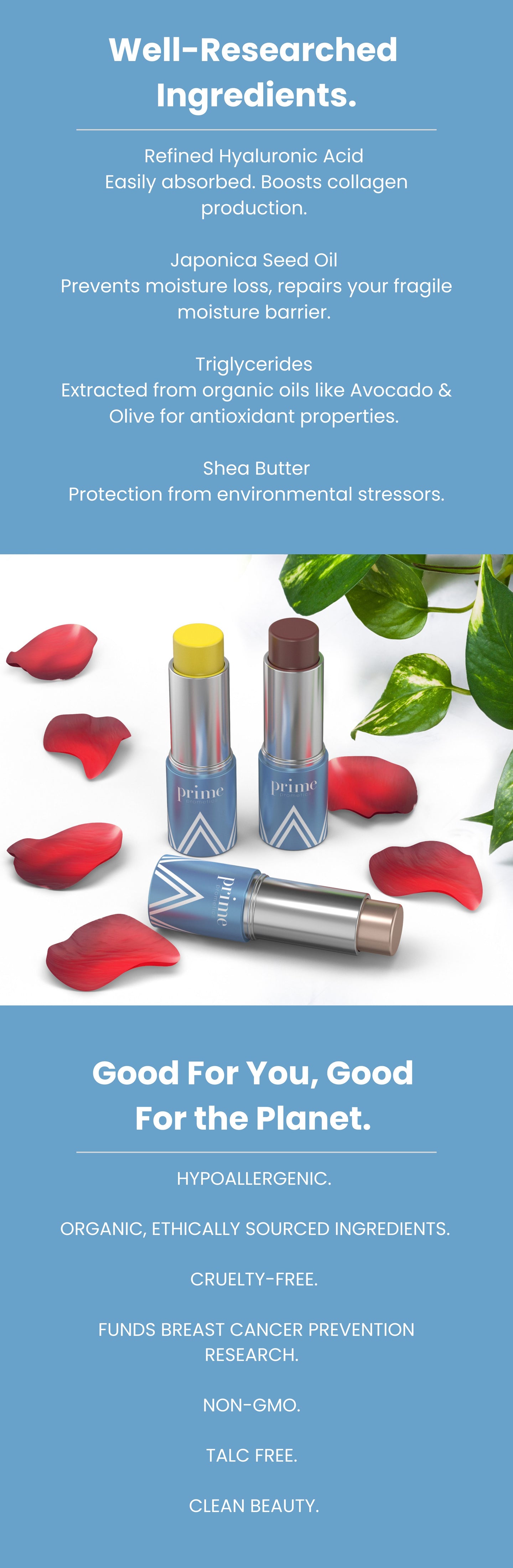 An infographic showing two lip balms among rose petals and green leaves. Text highlights their well-researched, hypoallergenic, organic, cruelty-free ingredients and environmental benefits.
