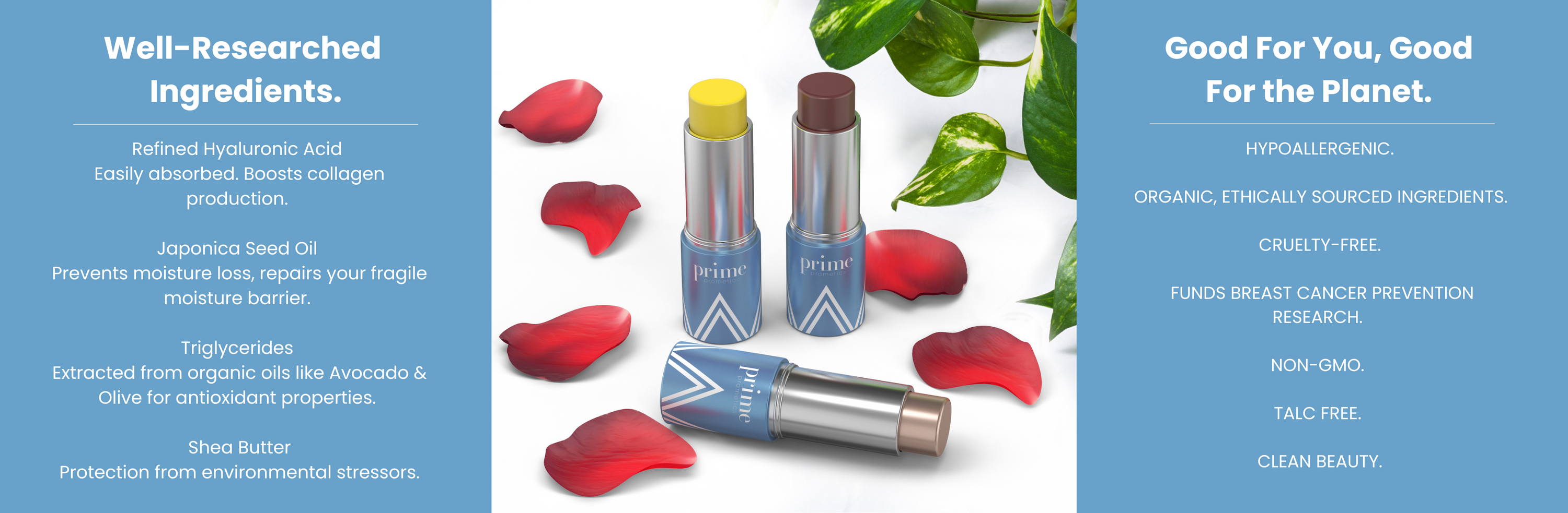 Two Prim and Pure skincare sticks, one yellow and one beige, are displayed open among scattered red rose petals. Text highlights their natural ingredients and eco-friendly, cruelty-free, and hypoallergenic qualities.
