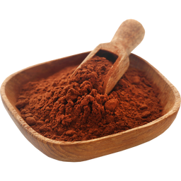 A wooden bowl filled with cocoa powder, with a wooden scoop resting on top of the powder.