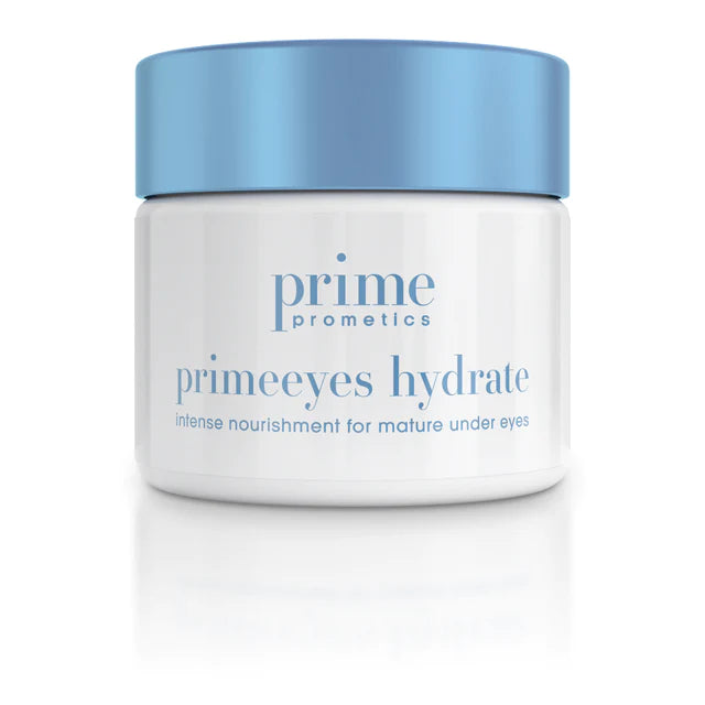 A white jar with a light blue lid labeled prime prometics primeyes hydrate and intense nourishment for mature under eyes in light blue text.