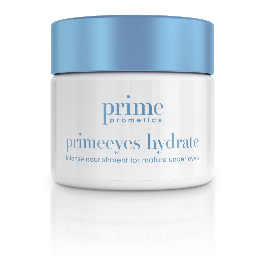 A white jar with a light blue lid labeled prime prometics primeeyes hydrate and the text intense nourishment for mature under eyes on the front. The product appears to be an eye cream.