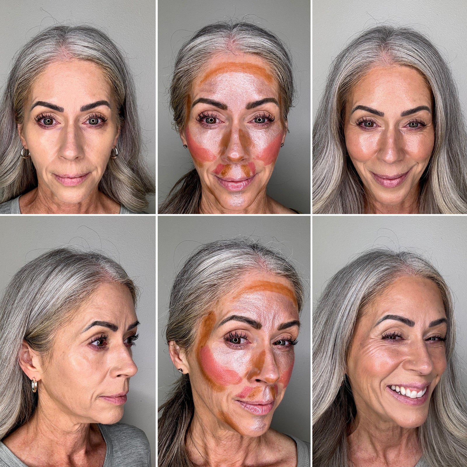 Six-panel image showing a woman with gray hair demonstrating contouring makeup. The panels show her face before, during, and after applying contour, highlight, and blush in both front and side views, ending with a finished, smiling look.