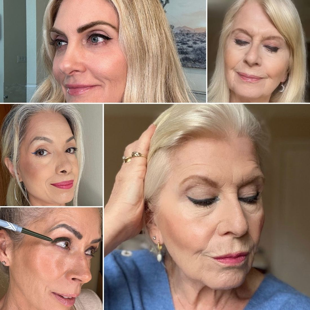 A collage of five close-up portraits of older women with light hair, each showcasing different makeup looks, including eye shadow, eyeliner, mascara, and lipstick. Some women have their eyes open, others closed.