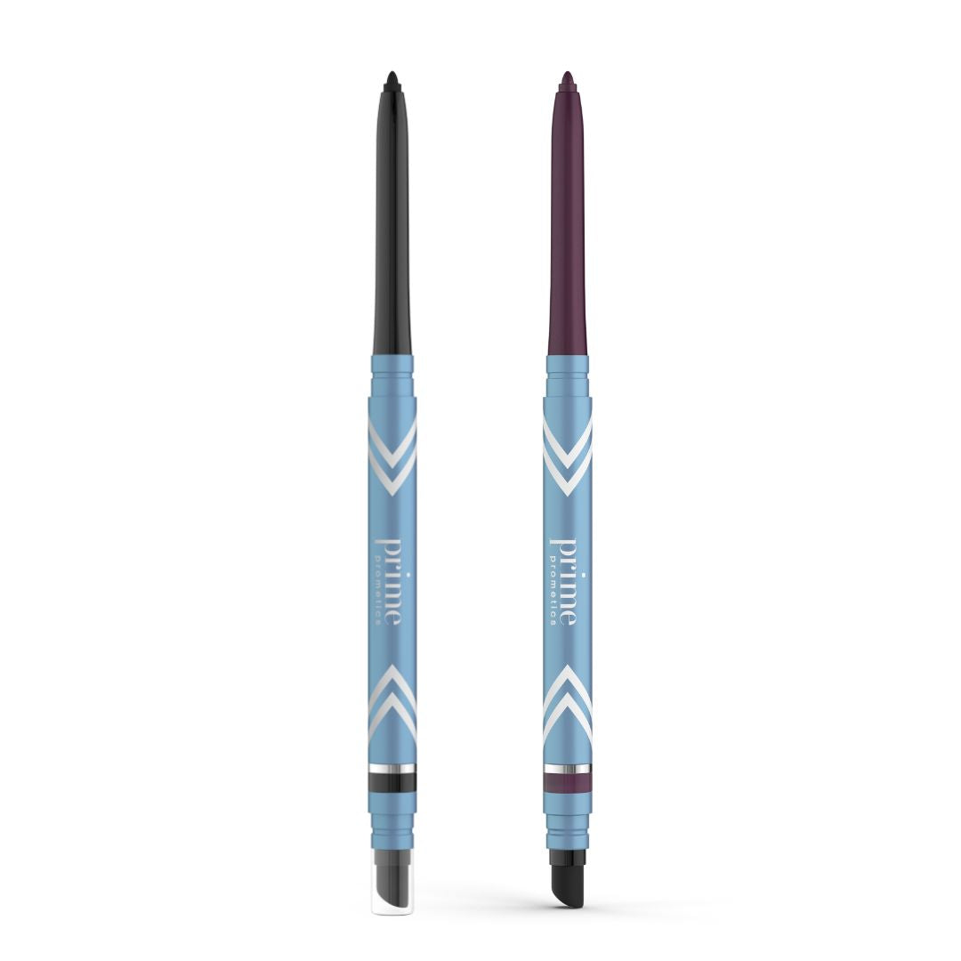 Two PrimePrometics™ 2pcs PrimeEyes Glide Eyeliner pencils with light blue bodies and white chevrons stand upright on a white background; one has black water-resistant eyeliner with a clear cap, the other is dark purple with an open tip.