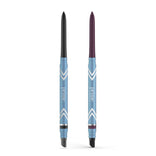 Two PrimePrometics™ 2pcs PrimeEyes Glide Eyeliner pencils with light blue bodies and white chevrons stand upright on a white background; one has black water-resistant eyeliner with a clear cap, the other is dark purple with an open tip.