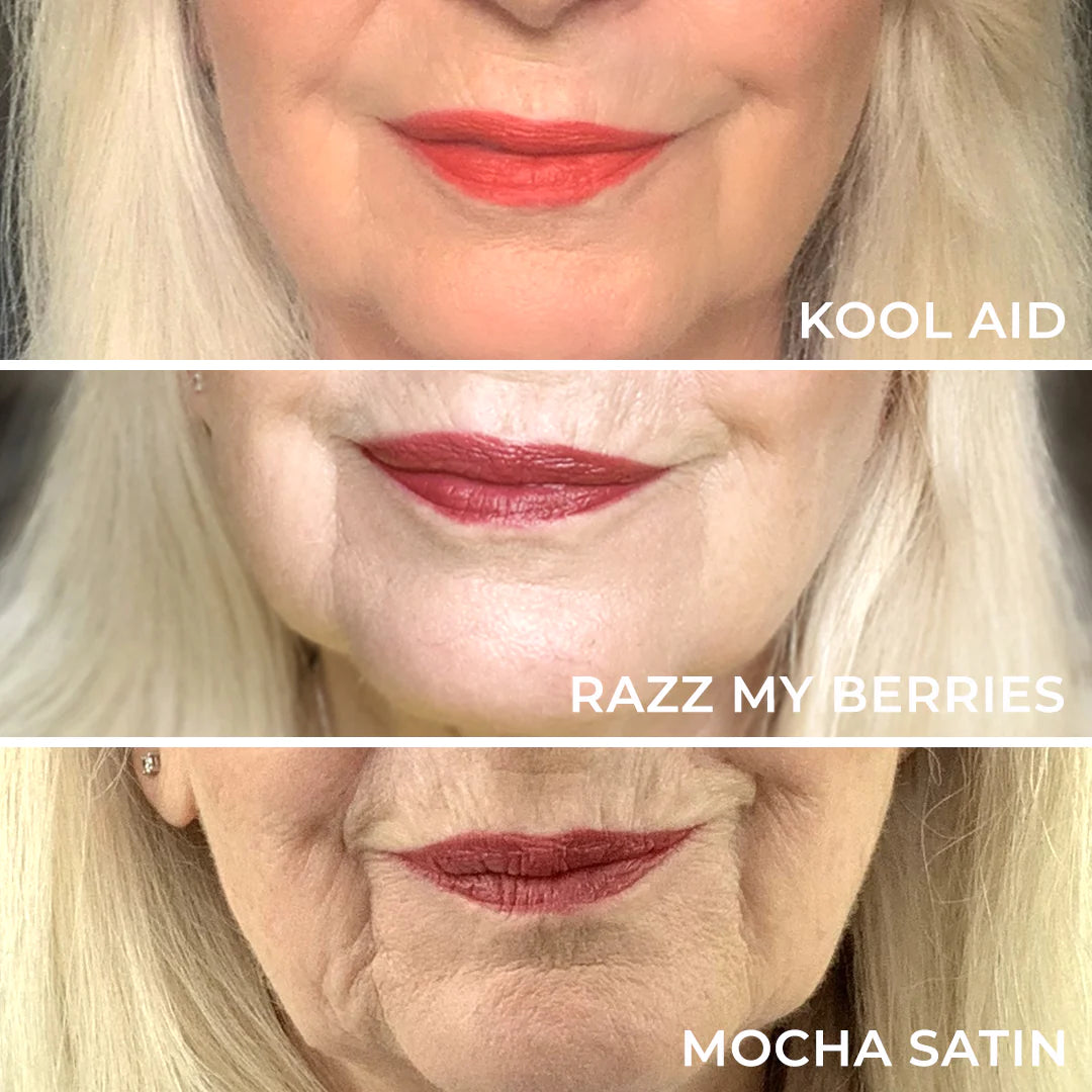 A close-up of an older woman’s mouth wearing three different lipstick shades: bright coral labeled KOOL AID, deep berry labeled RAZZ MY BERRIES, and dark brownish plum labeled MOCHA SATIN.