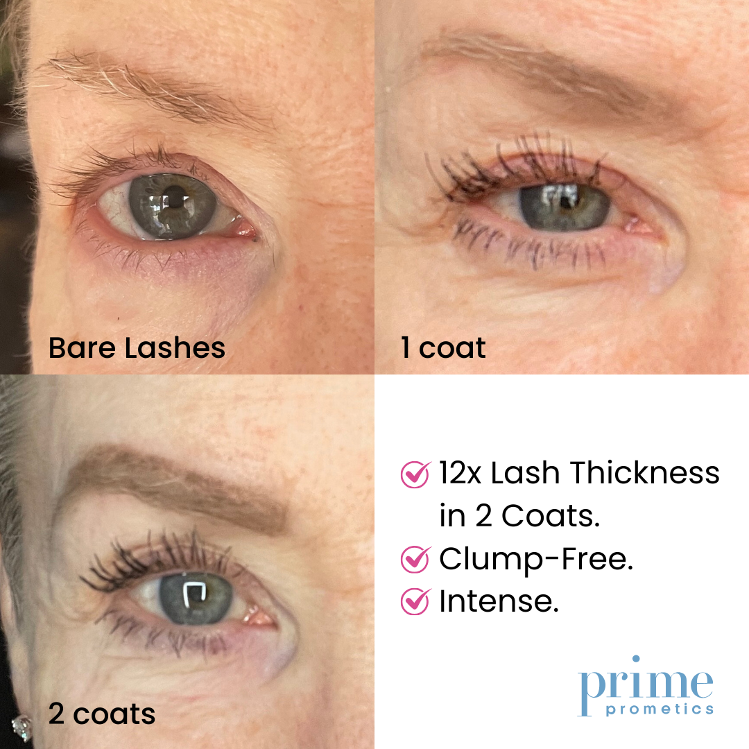 A collage displays the same eye with bare lashes, one coat, and two coats of 2 x PrimeLash Volumizer. Text features 12x thicker lashes in 2 coats, clump-free finish, and intense results. PrimePrometics™ logo appears bottom right.