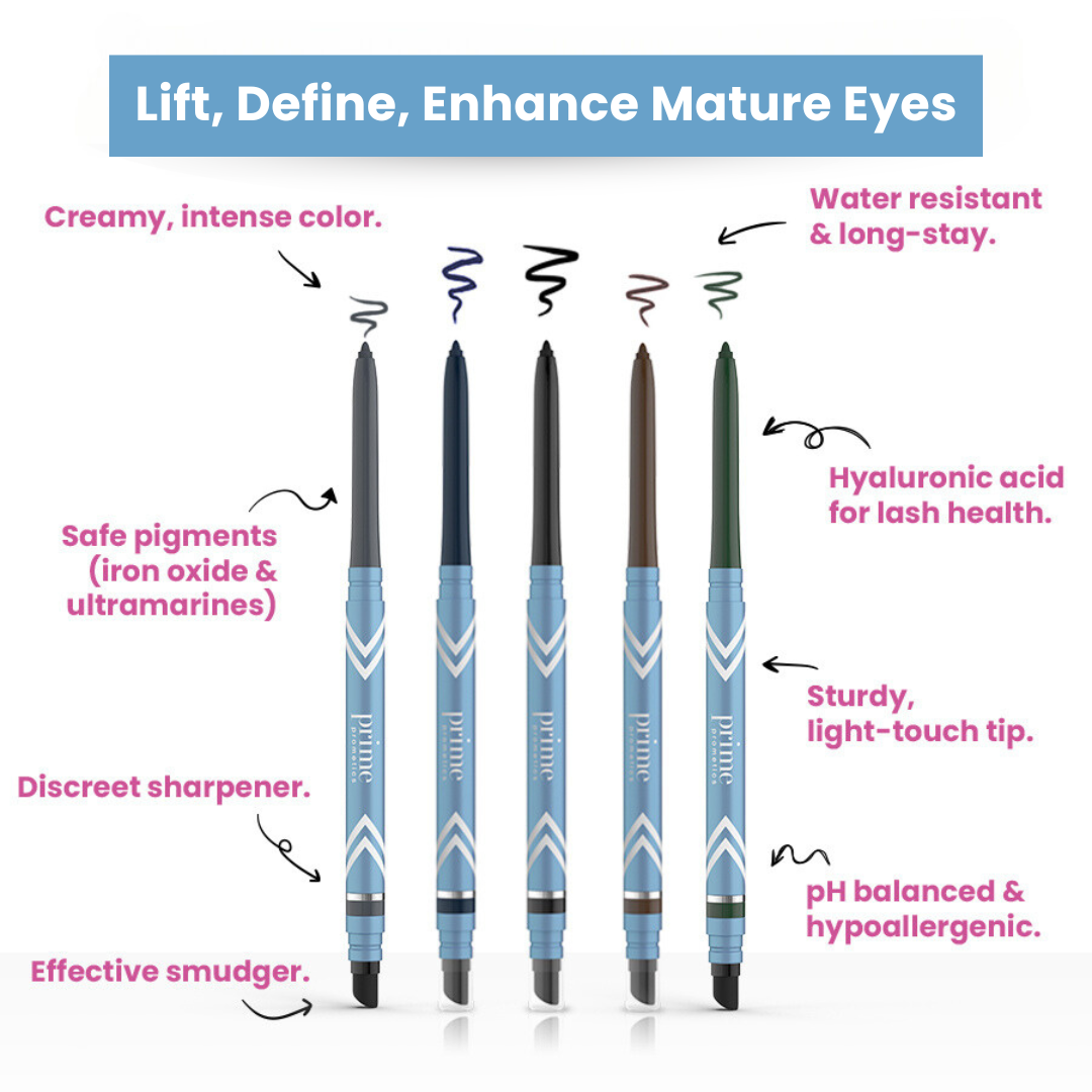 Five twist-up eyeliner pencils in various colors are displayed vertically. Callouts highlight features like intense color, water resistance, safe pigments, built-in sharpener, effective smudger, and hyaluronic acid for lashes.