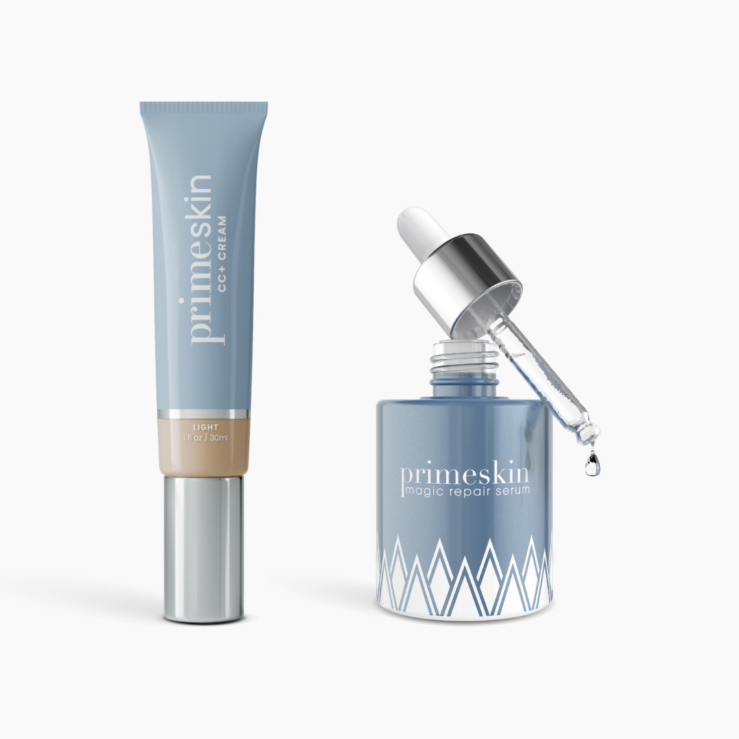 The Prep & Prime Bundle by PrimePrometics™ features a blue tube and matching blue dropper bottle, both elegantly displayed on a white background.