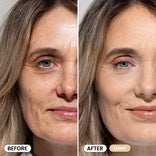 Split image of a woman’s face shows “before” with wrinkles and spots, and “after” with smoother, even-toned skin using PrimePrometics™ The Seamless Skin Duo. Labels: BEFORE and AFTER LIGHT.