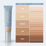A tube of Primeskin CC+ Cream is shown next to a skin tone chart with five categories: Fair, Light, Medium, Tan, and Rich, each displaying six shade variations.