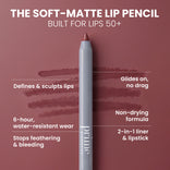 PrimePrometics™ Velvet Lip Contour in mauve on a pink background with swatches. 6-hour wear, prevents feathering, glides on, non-drying 2-in-1 liner & lipstick—ideal lip pencil for mature lips 50+.