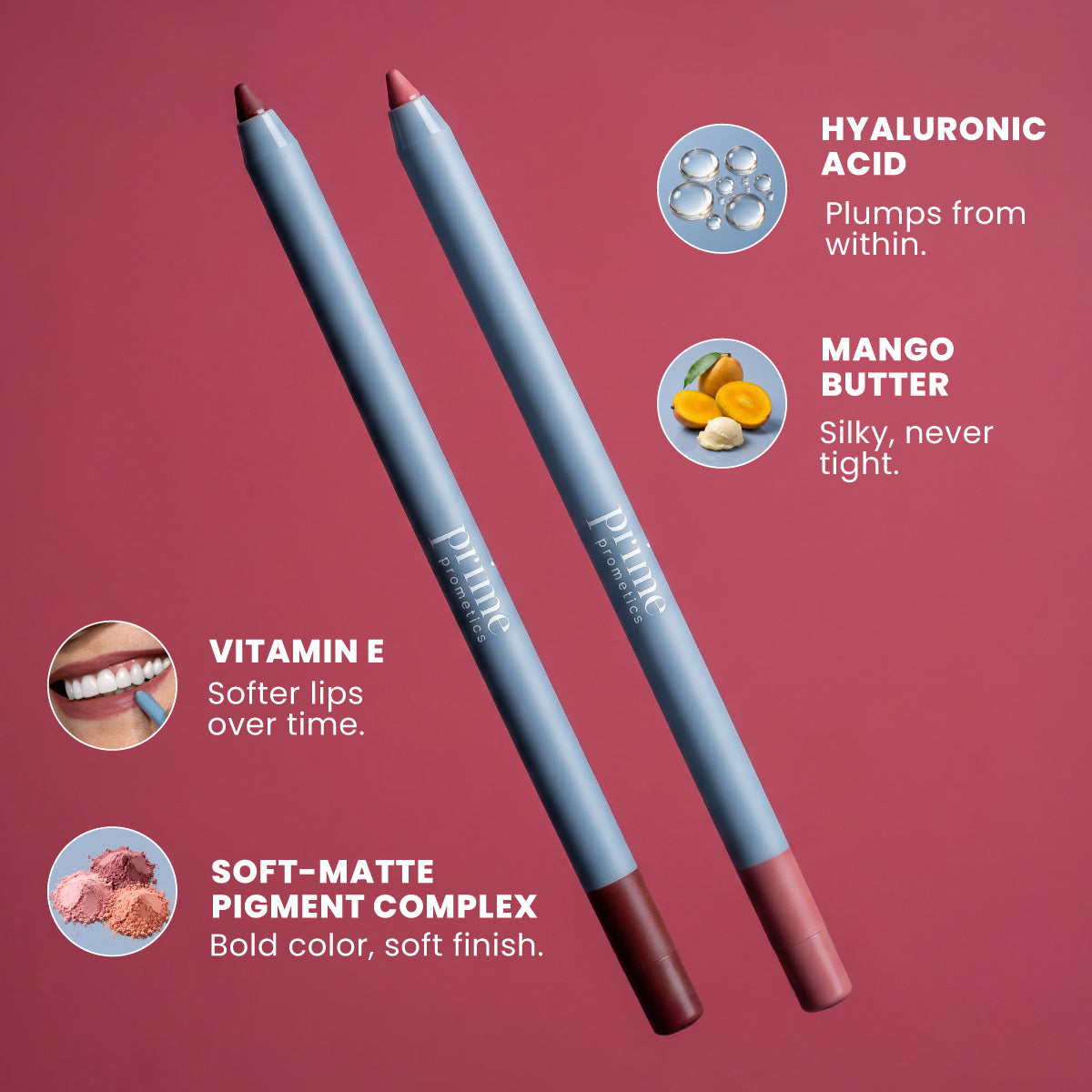 Two PrimePrometics™ 2pcs Velvet Lip Contour in mauve and pink on a mauve background, featuring hyaluronic acid, mango butter, vitamin E, and a soft-matte pigment complex for smooth, nourished lips—ideal for mature lips.