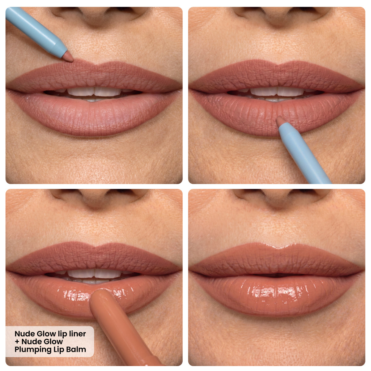 Four close-up images show a person’s lips being outlined with PrimePrometics™ Velvet Lip Contour, then filled with balm, progressing from matte to glossy nude lips. Text reads: Nude Glow lip liner + Nude Glow Plumping Lip Balm.
