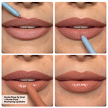 Four close-up images show a person’s lips being outlined with PrimePrometics™ Velvet Lip Contour, then filled with balm, progressing from matte to glossy nude lips. Text reads: Nude Glow lip liner + Nude Glow Plumping Lip Balm.