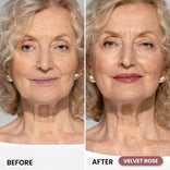 Before-and-after of an older white-haired woman with bare lips becoming visibly fuller and glossy with Prime Prometics PrimeLip Plumping Lip Balm in Velvet Rose